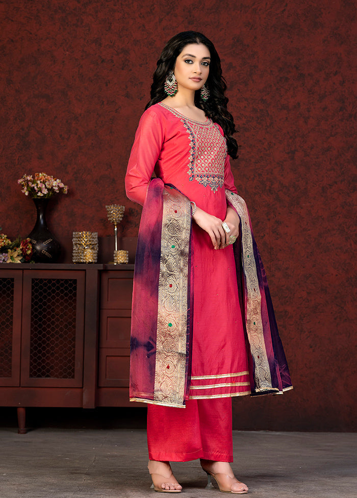 3 Pc Pink Semi Stitched Chanderi Suit Set