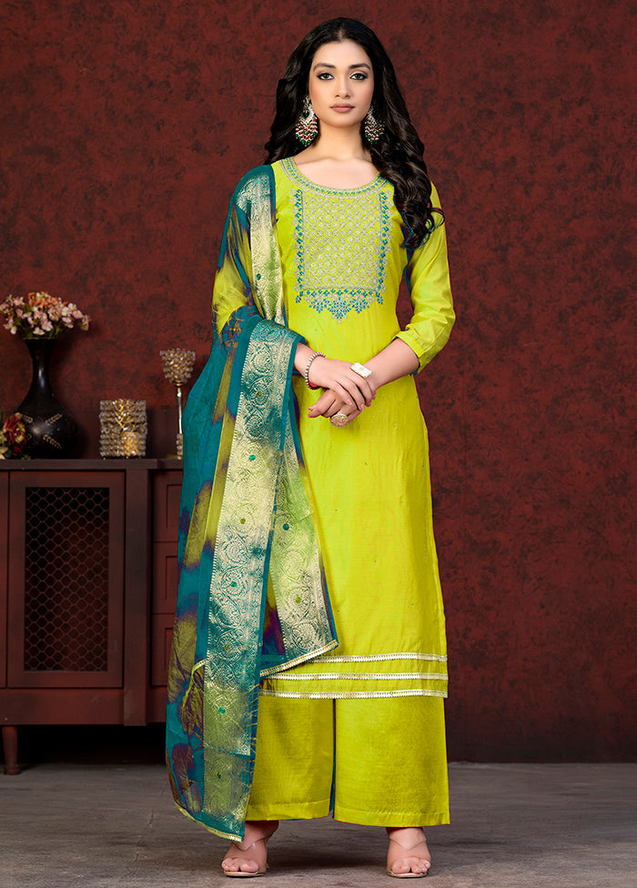 3 Pc Green Semi Stitched Chanderi Suit Set