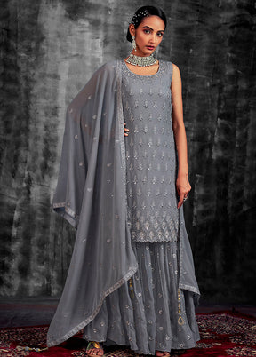 3 Pc Grey Readymade Georgette Suit Set