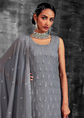 3 Pc Grey Readymade Georgette Suit Set