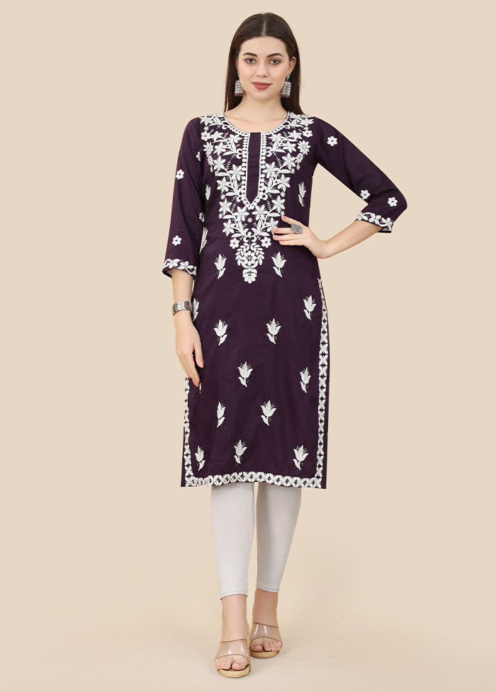 Purple Readymade Silk Chikankari Kurti