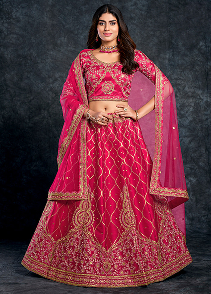 3 Pc Pink Silk Semi Stitched Lehenga Set