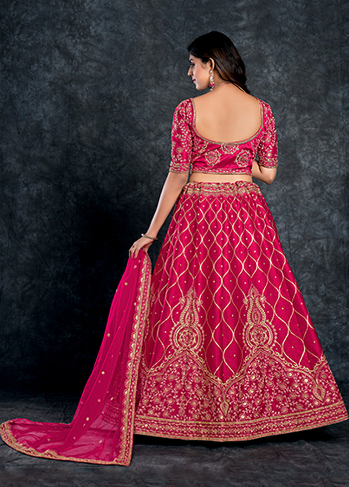 3 Pc Pink Silk Semi Stitched Lehenga Set