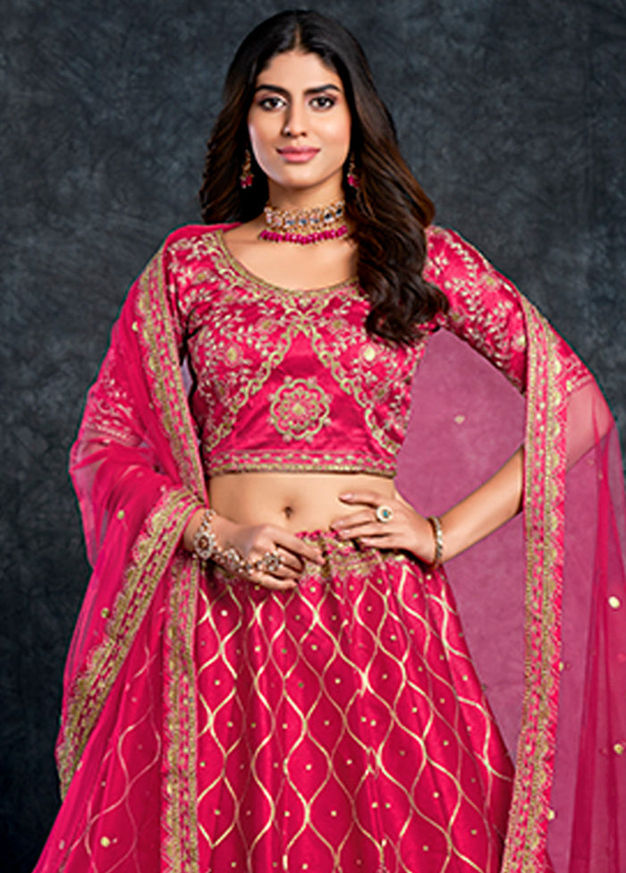 3 Pc Pink Silk Semi Stitched Lehenga Set