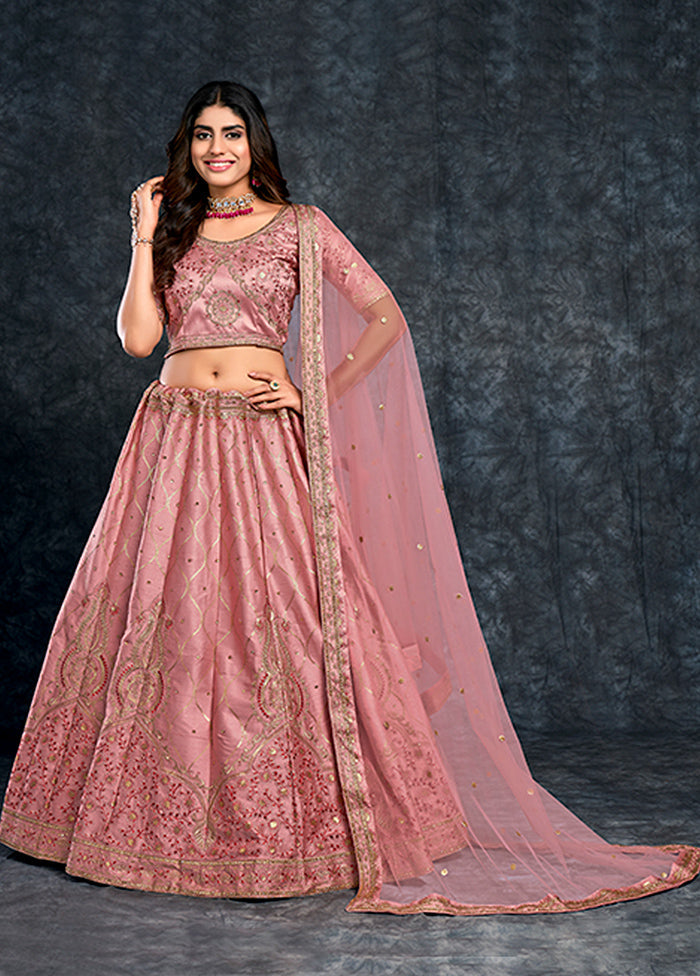 3 Pc Pink Silk Semi Stitched Lehenga Set