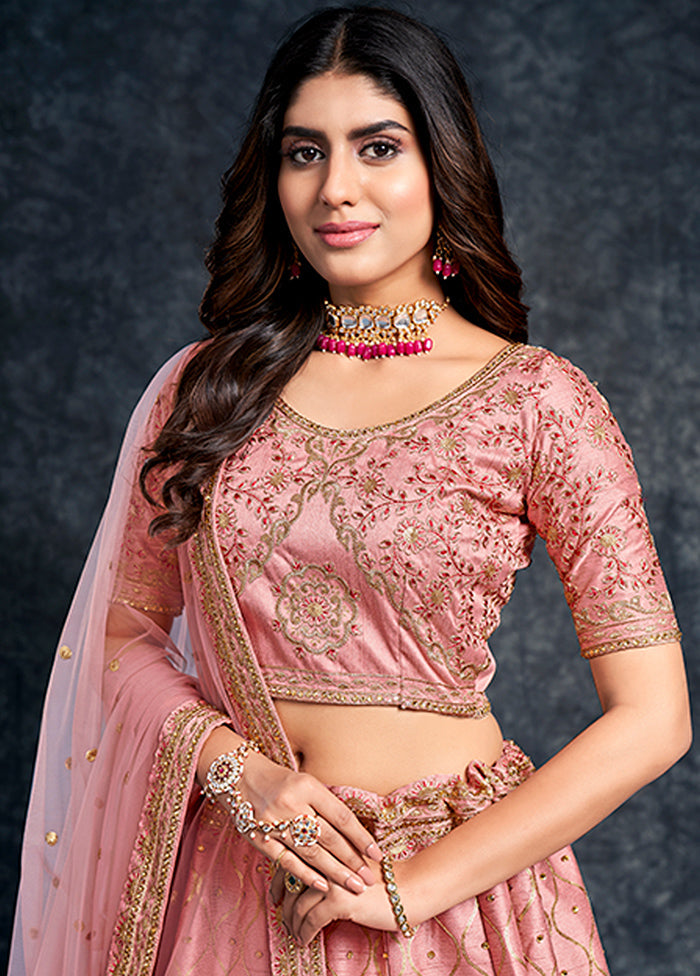 3 Pc Pink Silk Semi Stitched Lehenga Set