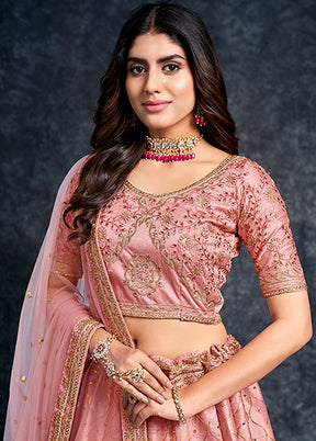 3 Pc Pink Silk Semi Stitched Lehenga Set