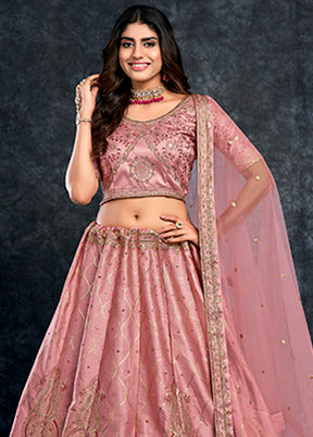 3 Pc Pink Silk Semi Stitched Lehenga Set