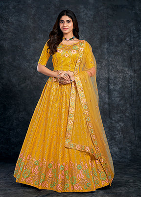 3 Pc Yellow Silk Semi Stitched Lehenga Set