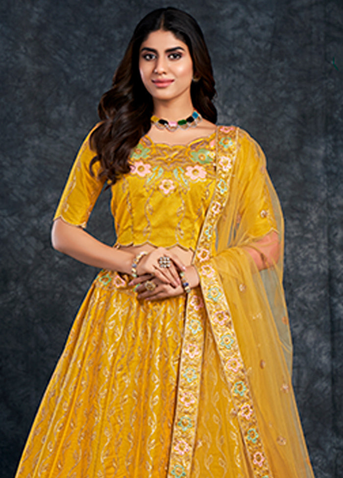 3 Pc Yellow Silk Semi Stitched Lehenga Set