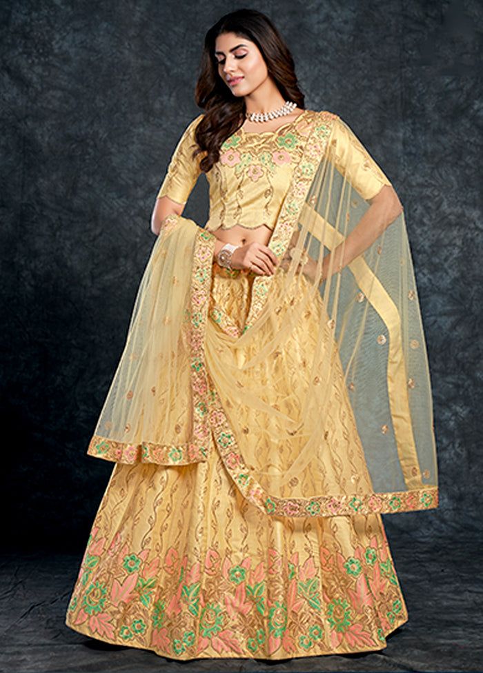 3 Pc Yellow Silk Semi Stitched Lehenga Set