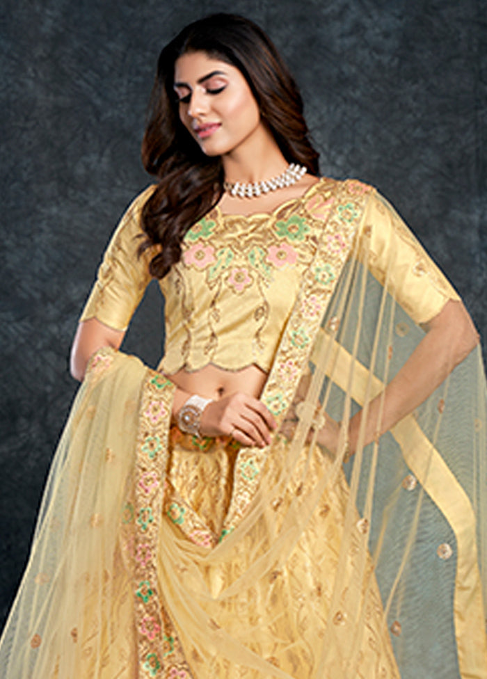 3 Pc Yellow Silk Semi Stitched Lehenga Set