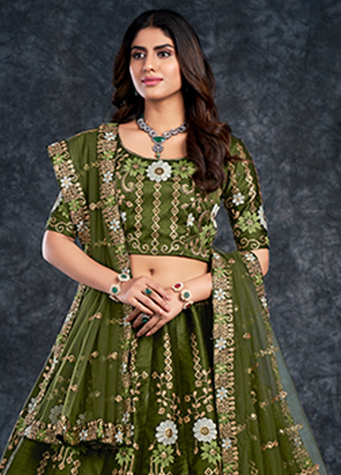 3 Pc Green Silk Semi Stitched Lehenga Set