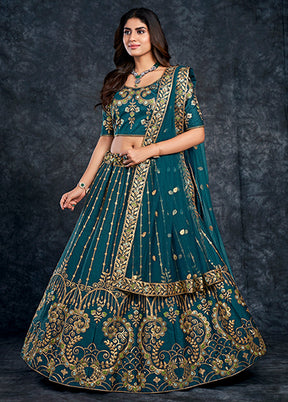 3 Pc Blue Silk Semi Stitched Lehenga Set