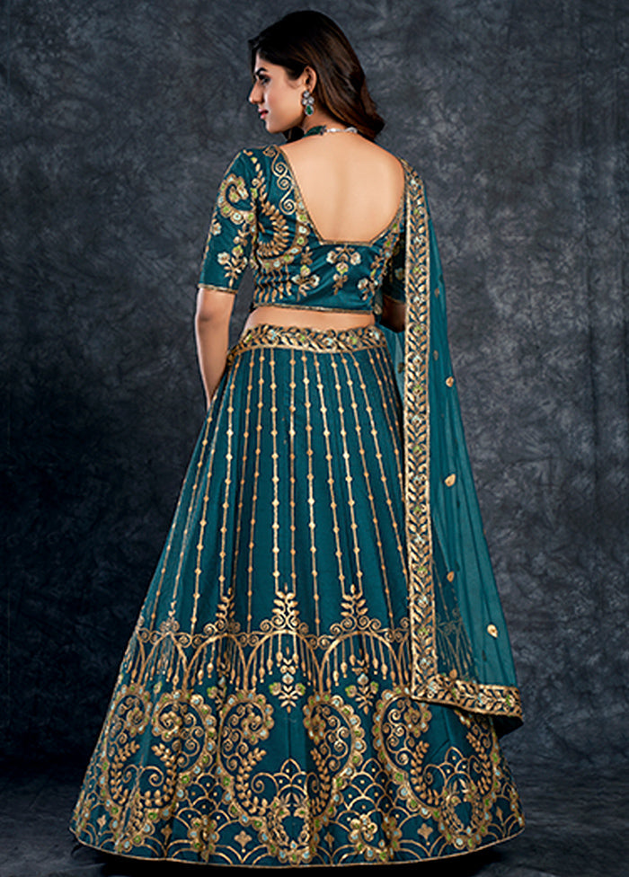 3 Pc Blue Silk Semi Stitched Lehenga Set