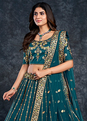 3 Pc Blue Silk Semi Stitched Lehenga Set