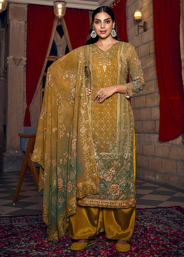 3 Pc Mustard Semi Stitched Georgette Suit Set