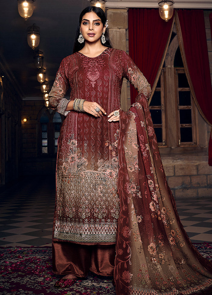 3 Pc Maroon Semi Stitched Georgette Suit Set