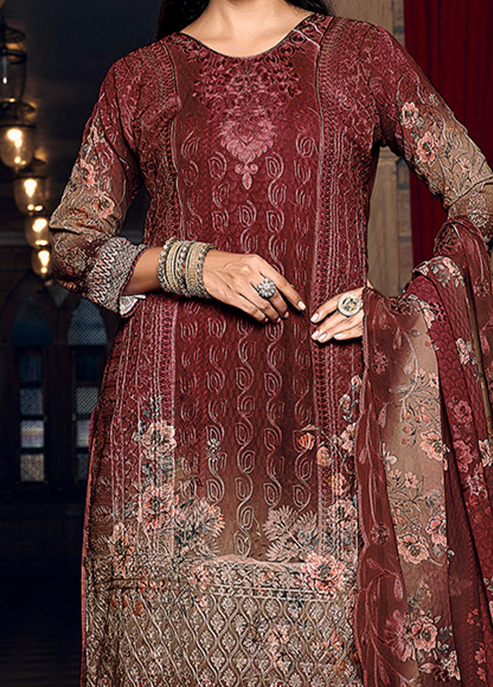 3 Pc Maroon Semi Stitched Georgette Suit Set