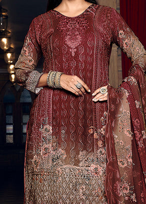 3 Pc Maroon Semi Stitched Georgette Suit Set