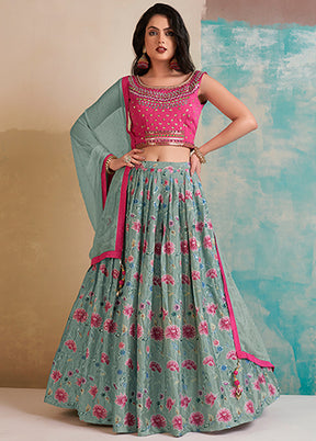 3 Pc Blue Silk Readymade Lehenga Set