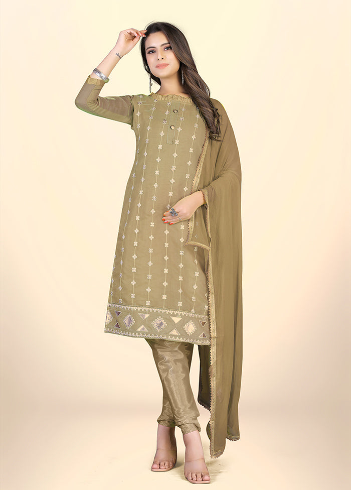 3 Pc Brown Semi Stitched Chanderi Suit Set