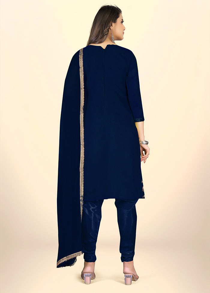 3 Pc Navy Blue Semi Stitched Chanderi Suit Set