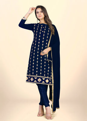 3 Pc Navy Blue Semi Stitched Chanderi Suit Set