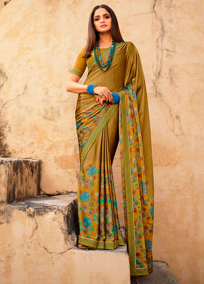 Mehendi Chiffon Silk Saree With Blouse Piece