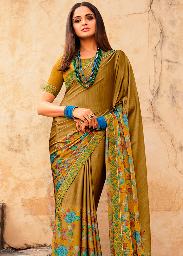Mehendi Chiffon Silk Saree With Blouse Piece