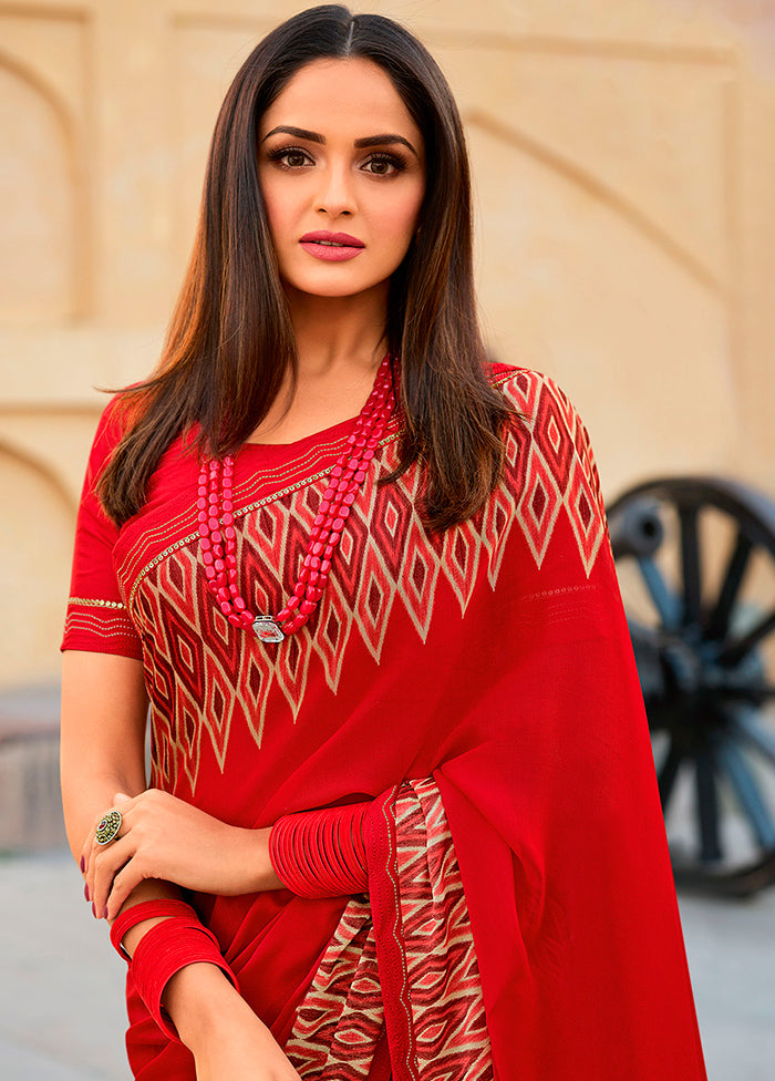 Red Spun Silk Saree With Blouse Piece