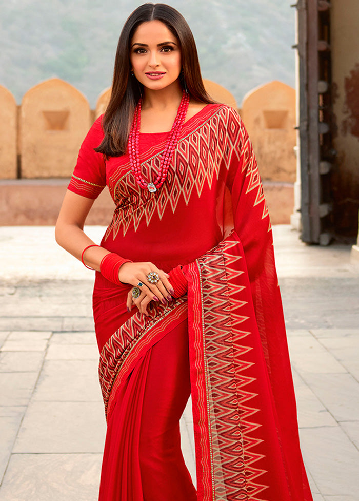 Red Spun Silk Saree With Blouse Piece