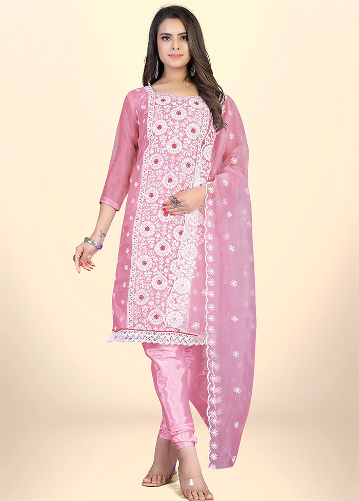 3 Pc Pink Semi Stitched Net Suit Set