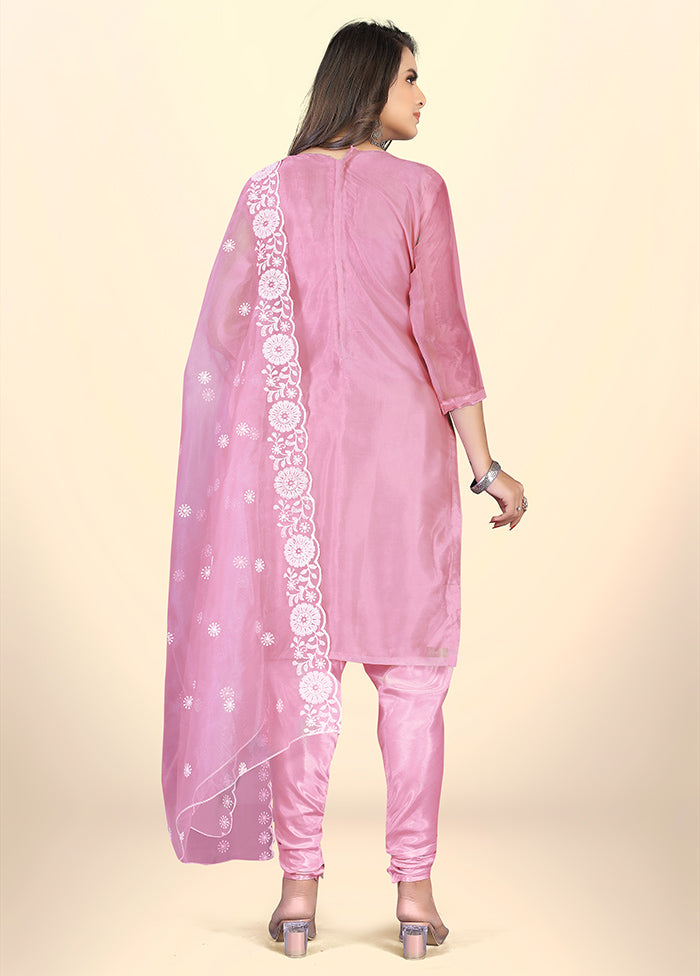 3 Pc Pink Semi Stitched Net Suit Set