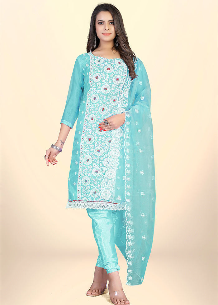 3 Pc Blue Semi Stitched Net Suit Set