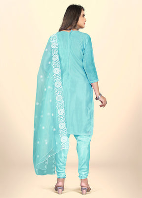 3 Pc Blue Semi Stitched Net Suit Set