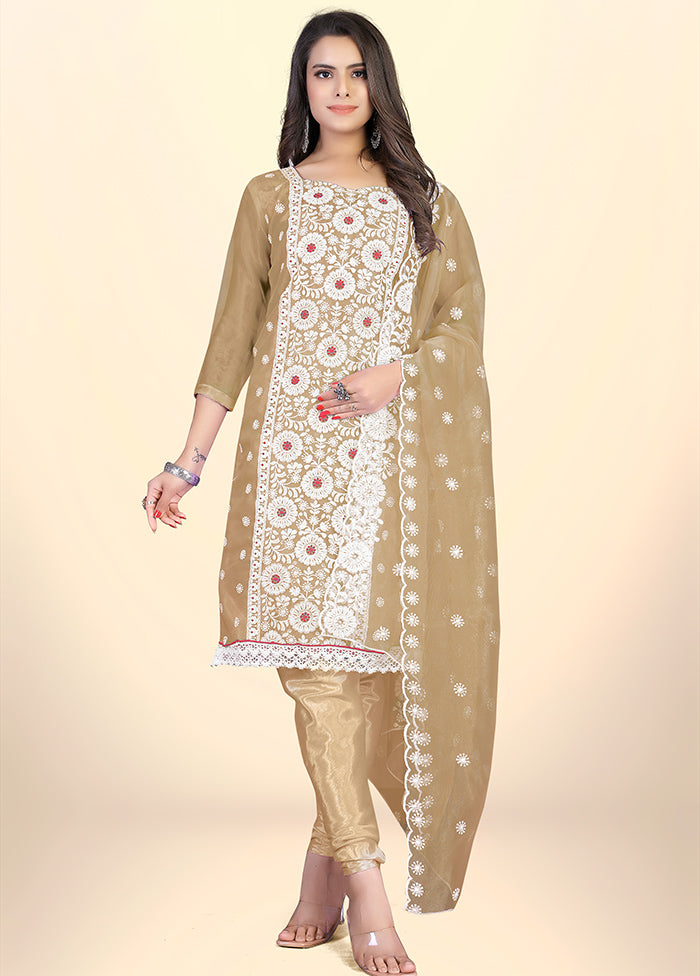 3 Pc Beige Semi Stitched Net Suit Set