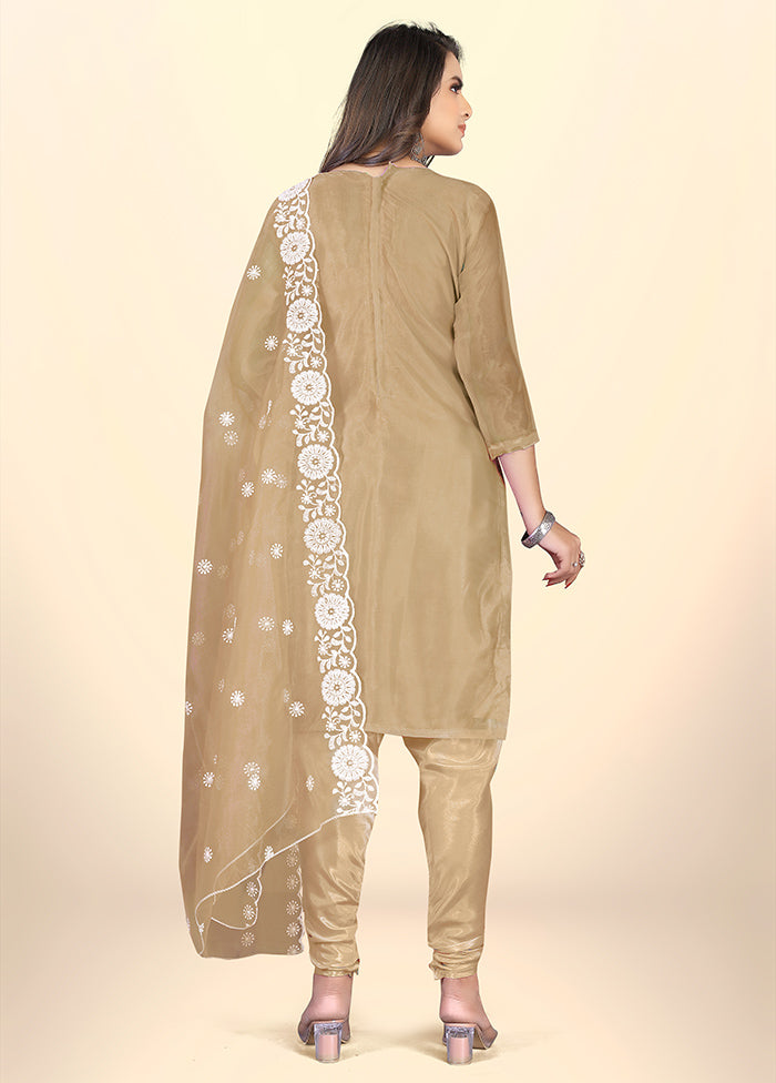 3 Pc Beige Semi Stitched Net Suit Set