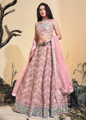 3 Pc Pink Net Readymade Lehenga Set