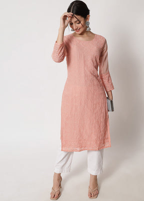 Peach Readymade Georgette Chikankari Kurti