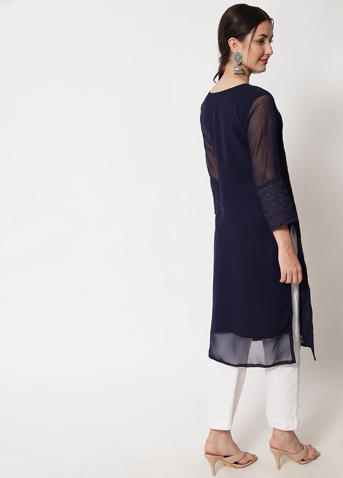 Navy Blue Readymade Georgette Chikankari Kurti