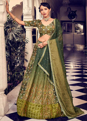 3 Pc Green Silk Semi Stitched Lehenga Set