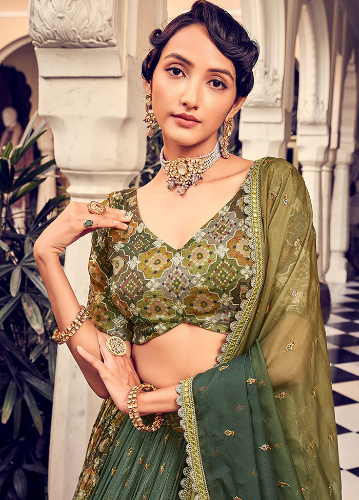 3 Pc Green Silk Semi Stitched Lehenga Set