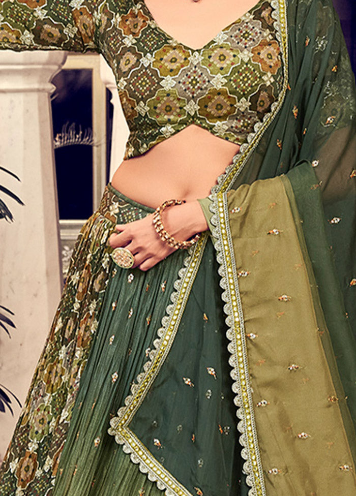 3 Pc Green Silk Semi Stitched Lehenga Set