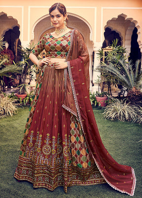 3 Pc Maroon Silk Semi Stitched Lehenga Set