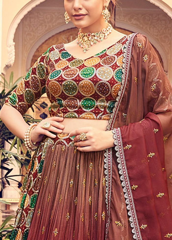 3 Pc Maroon Silk Semi Stitched Lehenga Set