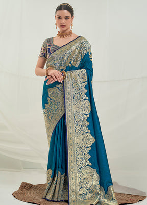 Teal Dupion Silk Saree With Blouse Piece