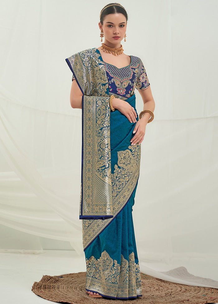 Teal Dupion Silk Saree With Blouse Piece