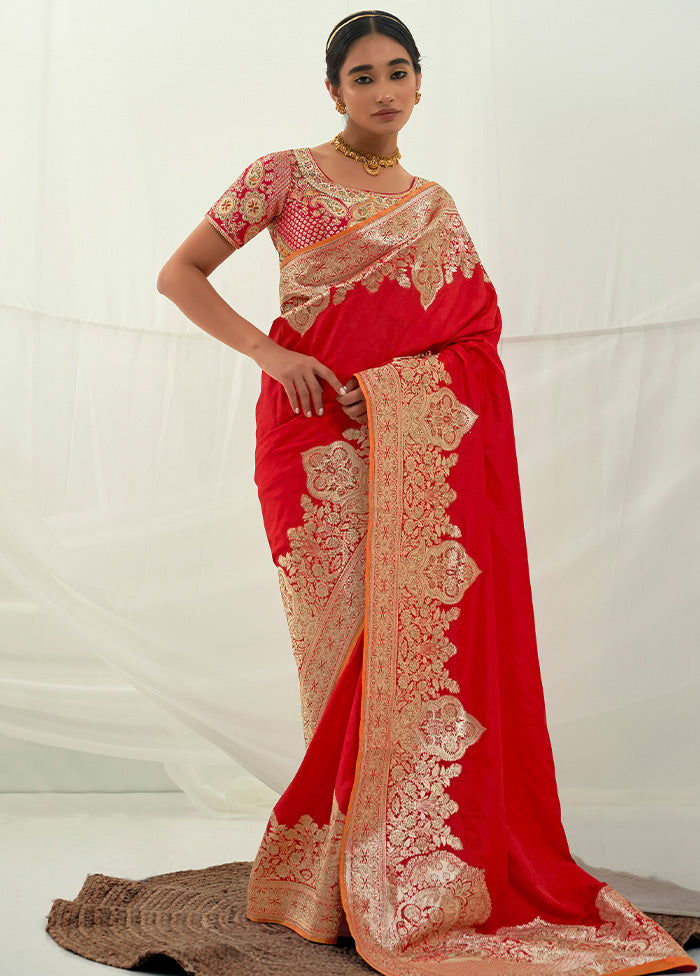 Red Dupion Silk Saree With Blouse Piece