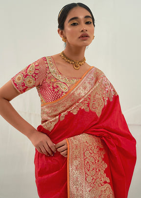 Red Dupion Silk Saree With Blouse Piece